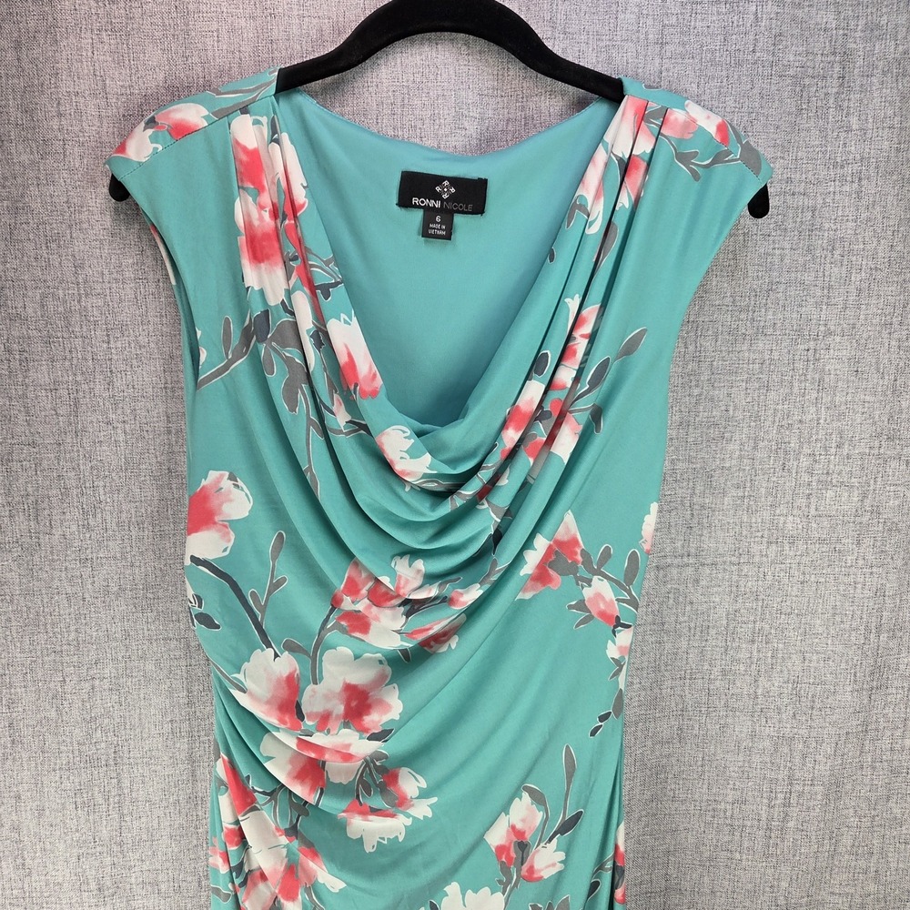 Ronni Nicole Floral Cowl Neck Sheath Midi Dress Teal Pink Tropical Sz 6 Bodycon